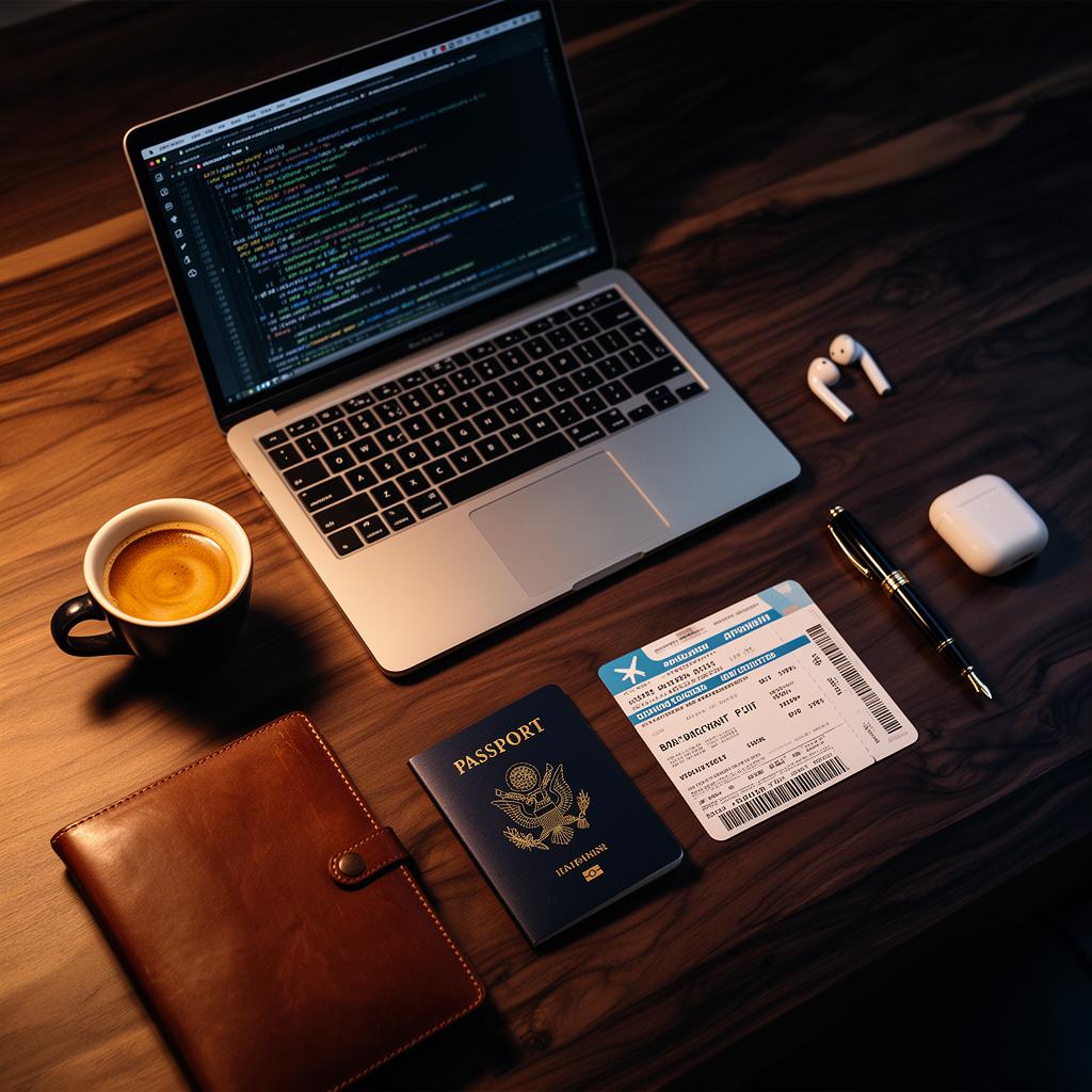 A developer's desk: laptop with code, espresso, passport and boarding pass