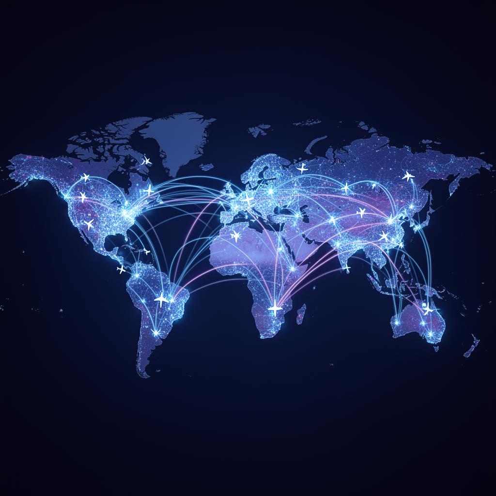 Global GDS network visualisation with flight routes connecting airports worldwide